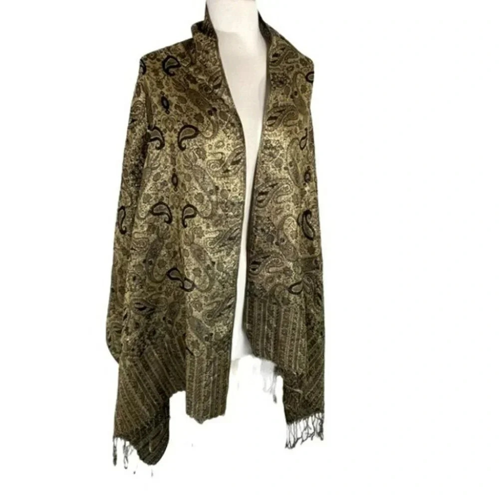 Unbranded Pashmina Shawl OS Gold Paisley Fringed Reversible Scarf Wrap